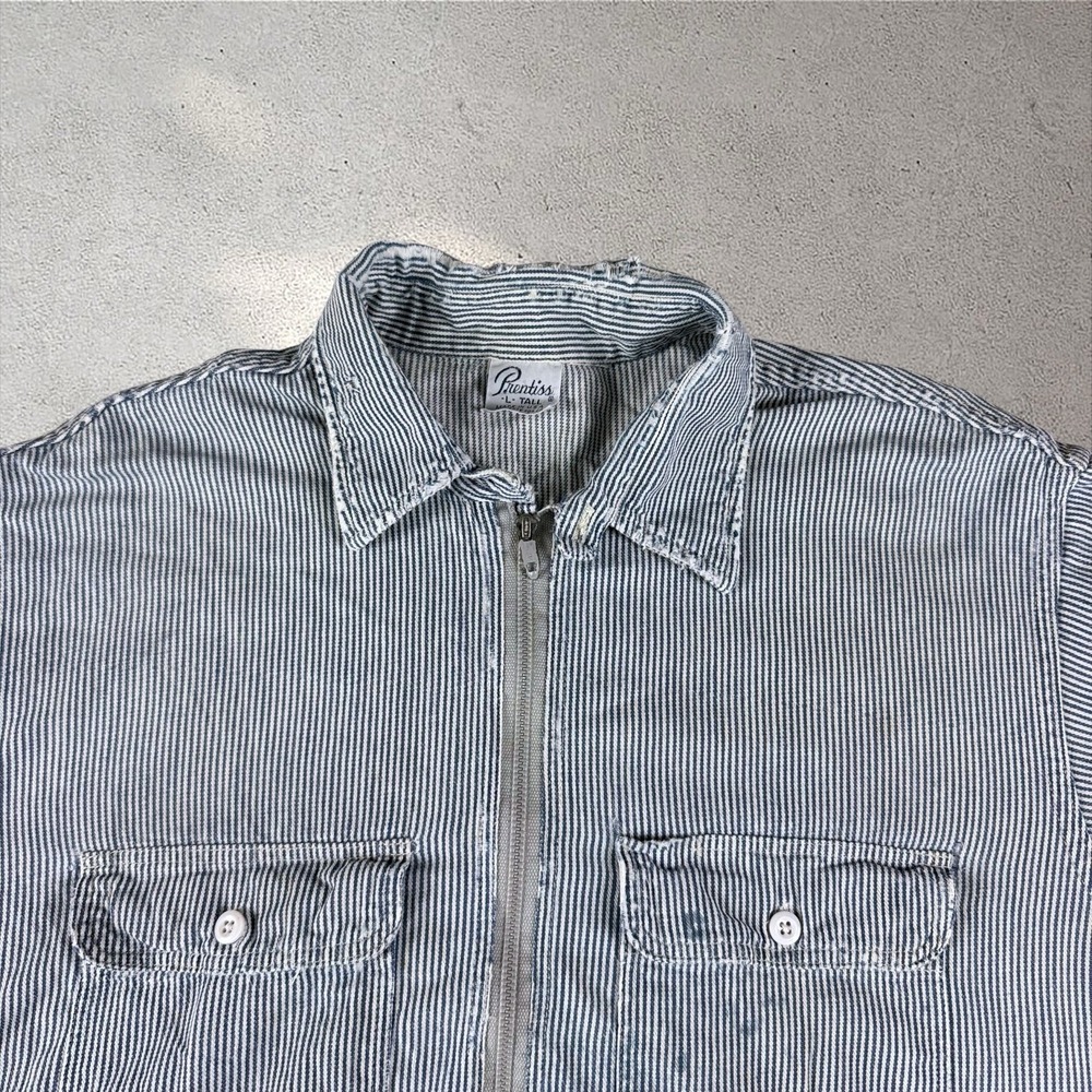 Vintage 70s 80s Hickory Stripe Denim 1/2 Zip Work‎ Shirt Large Tall OG Repairs